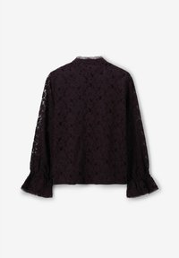 Black lace long-sleeve blouse with floral pattern, high collar, and slightly flared cuffs, shown from the back on a white background.