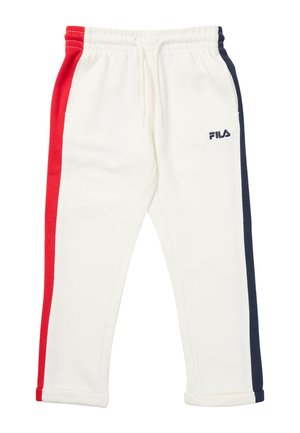 Hvide FILA joggingbukser med elastisk talje, rød stribe på venstre ben og marineblå stribe på højre ben.