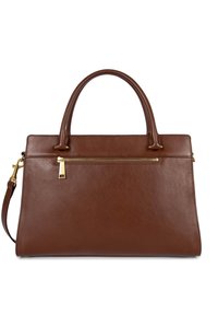 Sac à main en cuir marron avec deux poignées supérieures, une bandoulière amovible, une poche zippée à l'avant et une texture lisse. Accents en métal doré.