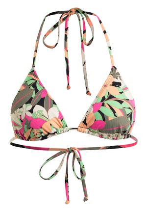 Dried driehoekige bikini in een meerkleurig bloemenpatroon. Bevat verstelbare strikken, contrasterende bandjes en gathered details aan de onderkant.