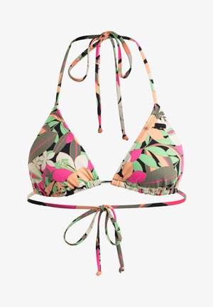 Dried driehoekige bikini in een meerkleurig bloemenpatroon. Bevat verstelbare strikken, contrasterende bandjes en gathered details aan de onderkant.