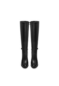 Stivali neri in pelle al ginocchio con una texture liscia, punta affusolata e cerniere laterali. Presentano fiocchi decorativi sul retro per un tocco di dettaglio in più.