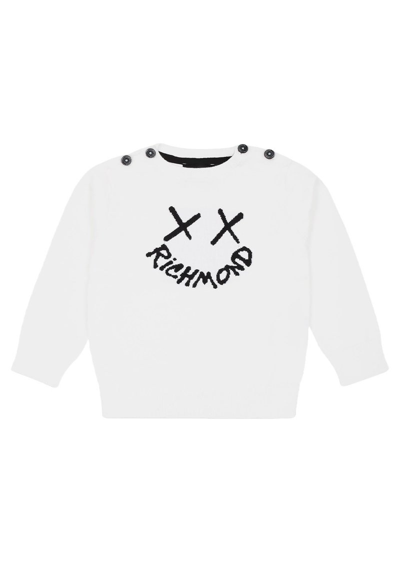 Maglione bianco a maglia con maniche lunghe, con testo nero "RICHMOND" e design di faccina sorridente. Bottoni a pressione sulla spalla per una facile vestibilità.