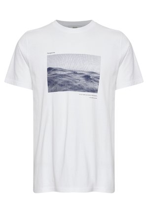White cotton T-shirt featuring a navy graphic of waves and text with a blocky font. Short sleeves and a crew neck design.