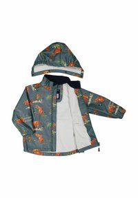 Vandtæt jakke med grå stof og farverige dyreprint, lynlås foran, elastiske ærmer og en aftagelig hætte.