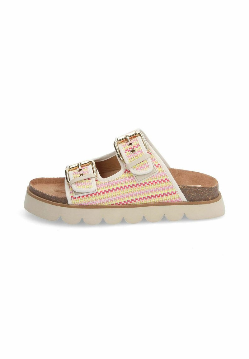 Sandale à glisser avec deux brides à boucle, accents tissés rose et jaune, semelle beige et semelle intérieure texturée pour le confort.