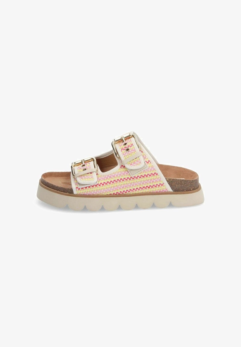 Sandale à glisser avec deux brides à boucle, accents tissés rose et jaune, semelle beige et semelle intérieure texturée pour le confort.