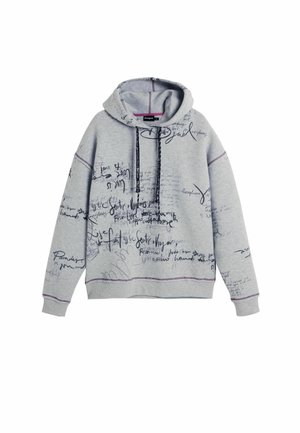 Gray hoodie made from soft material, featuring black handwritten text patterns, purple stitching, and a drawstring hood.