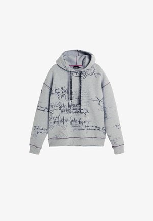 Gray hoodie made from soft material, featuring black handwritten text patterns, purple stitching, and a drawstring hood.