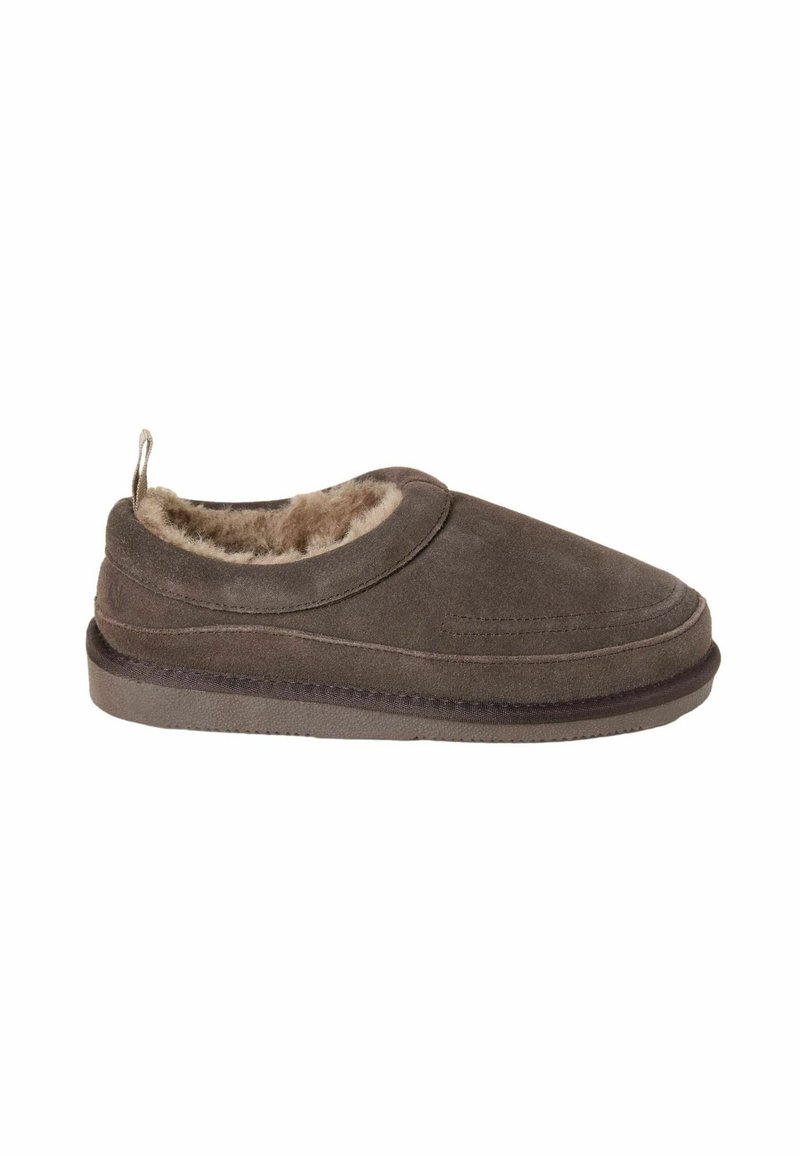 Brown suede slipper with a rounded toe, soft faux fur lining, and a low-profile rubber sole. Features a pull tab on the back.