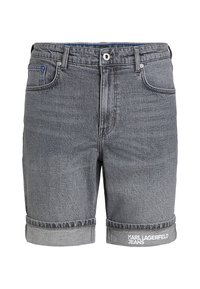Shorts de mezclilla gris con puños enrollados, que cuentan con un bolsillo frontal, cierre de botón y el logo "KARL LAGERFELD JEANS" en blanco en el dobladillo.