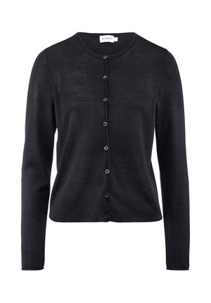 Cardigan nero realizzato in tessuto leggero, con colletto rotondo, maniche lunghe e chiusura frontale a bottoni. Texture liscia e design semplice.