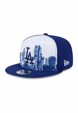 Blue and white baseball cap with Los Angeles "LA" logo and blue cactus designs on the front panel.