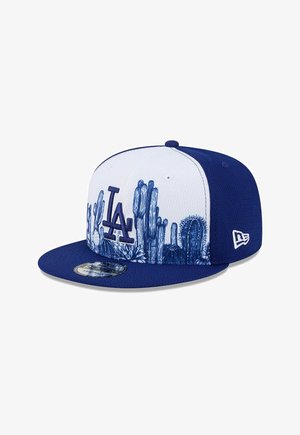 Blau-weiße Baseballkappe mit Los Angeles "LA"-Logo und blauen Kaktusmotiven auf der Vorderseite.
