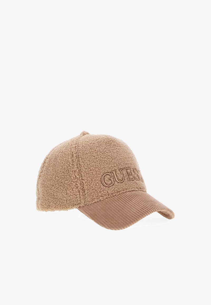 Beige baseball cap with a textured fleece upper and a ribbed fabric brim. Features embroidered logo on the front.