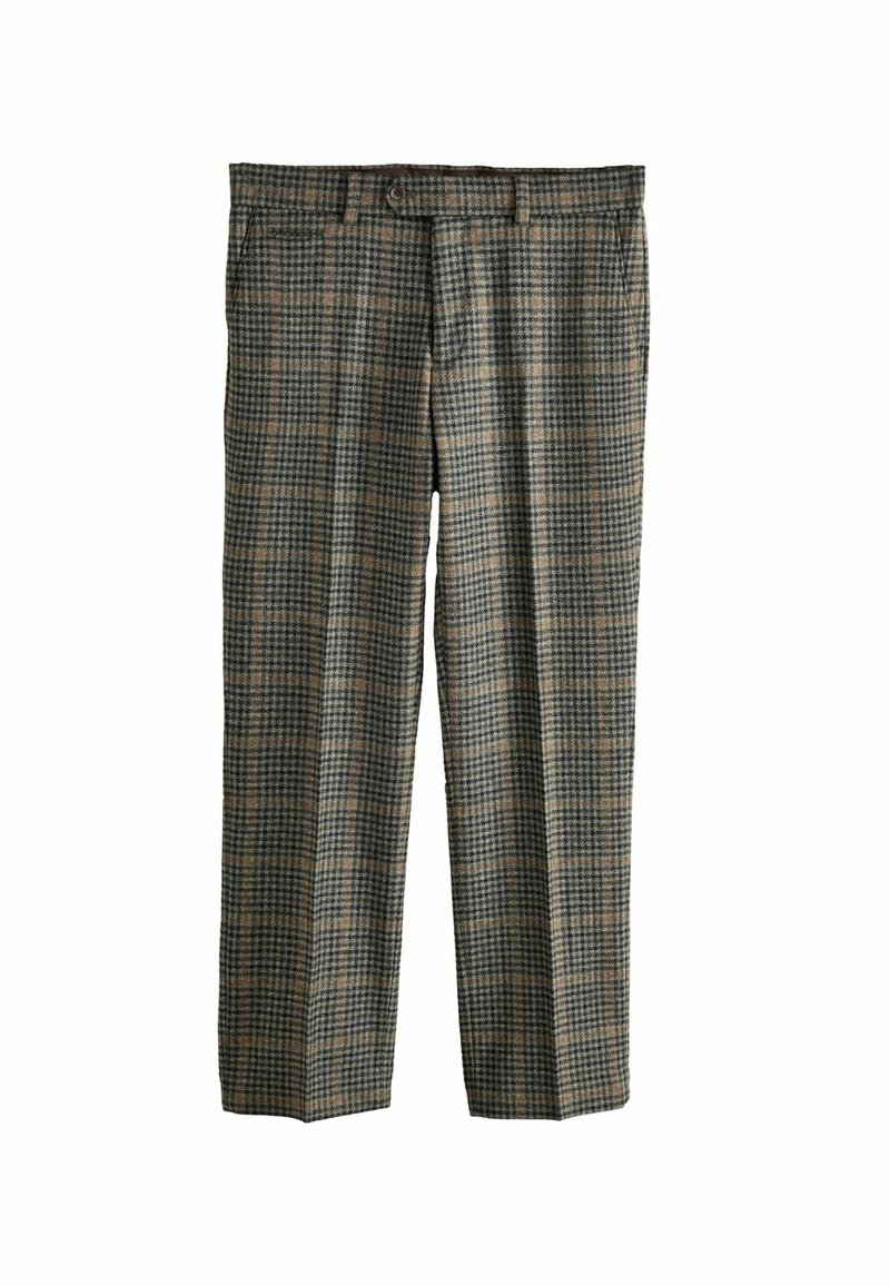 Plaid trousers made of fabric in green, brown, and beige hues. Features a flat front, belt loops, and straight legs, with a subtle texture.