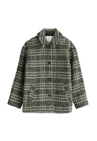 Grün-schwarz kariertes Sakko aus strukturiertem Stoff, mit einem Umlegekragen, Knopfverschluss und zwei vorderen Taschen.