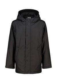 Black waterproof jacket with a hood, snap button closure, two front pockets, and a smooth, shiny texture. Simple, straight-cut design.
