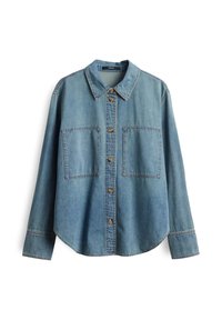 Camicia in denim blu chiaro con colletto a punta, bottoni bronzo, due grandi tasche sul petto e maniche lunghe. Presenta un orlo curvo.