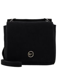 Borsa a tracolla in finta suede nera con chiusura a patta, accentuazione del logo in tonalità argento e tracolla rimovibile. Design rettangolare compatto.