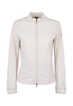 Lichtbeige damesjack met ritssluiting, opstaande kraag, elastische manchetten, zijzakken en logo op de linkermouw.