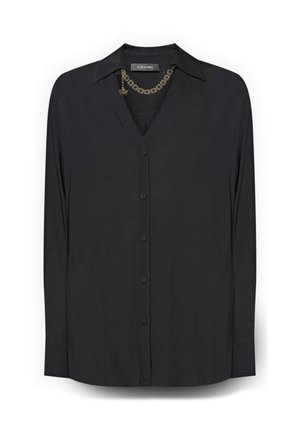 Czarna bluzka z długim rękawem, zapinana na guziki z kołnierzykiem. Posiada dekolt w serek oraz ozdobny złoty łańcuszek przy szyi. Gładka tkanina.
