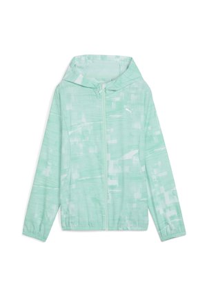 Helle mintgrüne Jacke mit Reißverschluss vorne, Kapuze und abstrakten weißen Mustern. Hergestellt aus einem glatten, leichten Stoff. Verfügt über elastische Bündchen.