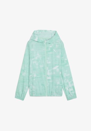 Light mint green jacket with a zip front, hood, and abstract white patterns. Made from a smooth, lightweight fabric. Features elastic cuffs.