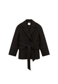 Czarny płaszcz z wełny z dwiema zapięciami, dużymi klapami, paskiem w talii i długimi rękawami. Gładka struktura i minimalistyczny styl.
