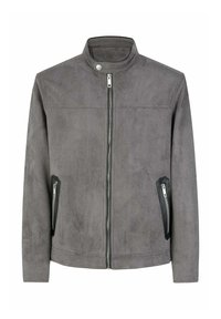 Veste en daim grise avec un col montant, fermeture éclair frontale et deux poches latérales zippées avec des accents noirs. Texture lisse et coupe ajustée.