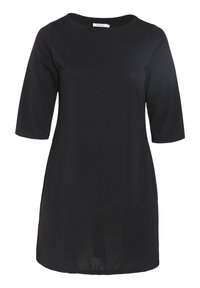 Schwarzes Tunika-Kleid mit rundem Ausschnitt, Dreiviertelärmeln und geradem Schnitt. Hergestellt aus glattem Stoff, ohne sichtbare Muster oder Hardware.