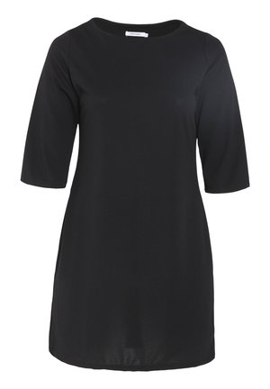 Schwarzes Tunika-Kleid mit rundem Ausschnitt, Dreiviertelärmeln und geradem Schnitt. Hergestellt aus glattem Stoff, ohne sichtbare Muster oder Hardware.