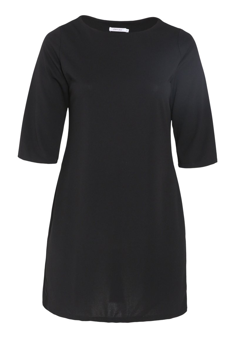 Schwarzes Tunika-Kleid mit rundem Ausschnitt, Dreiviertelärmeln und geradem Schnitt. Hergestellt aus glattem Stoff, ohne sichtbare Muster oder Hardware.
