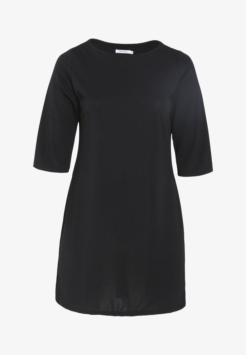 Schwarzes Tunika-Kleid mit rundem Ausschnitt, Dreiviertelärmeln und geradem Schnitt. Hergestellt aus glattem Stoff, ohne sichtbare Muster oder Hardware.