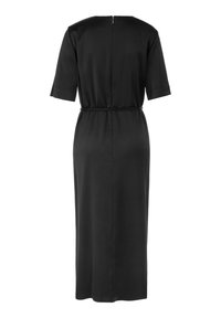 Black knee-length dress made of smooth fabric. Features short sleeves, a cinched waist, and a concealed back zipper. Simple design.