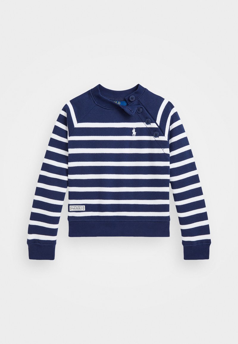 Felpa a righe blu navy e bianche con scollo rotondo, bottoni laterali e un piccolo logo sul petto. Tessuto morbido in misto cotone.
