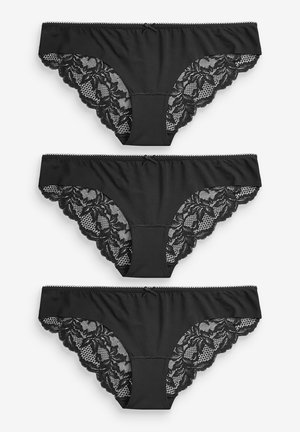 Set di biancheria intima nera con bordi in pizzo. Presenta lati in pizzo floreale e una parte frontale liscia. Include tre paia con un delicato dettaglio a fiocco su ciascuno.