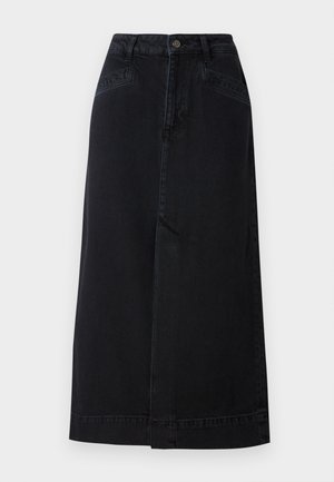 Gonna midi in denim nero con forma dritta, chiusura frontale con bottoni e tasche laterali con dettagli di cucitura sottili.