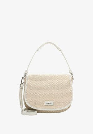 Beige woven handbag with a smooth leather trim, a curved shoulder strap, and a silver logo detail on the front. Compact and structured design.