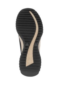 Black and beige rubber shoe sole with a curved design, featuring deep grooves for traction and embossed logo. Size 37 indicated.