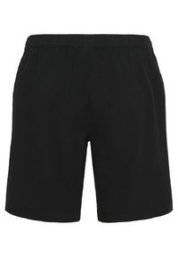 Shorts noirs avec une taille élastique, fabriqués en tissu léger. Ils ont une coupe droite et une finition lisse et texturée.