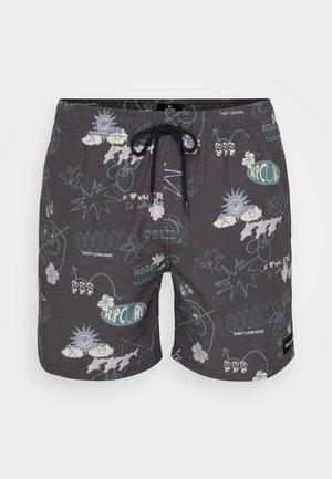 Sorte badebukser med en blanding af farverige mønstre, herunder skyer, blomster og abstrakte former. Justerbar snøre i taljen.