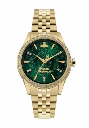 Goldfarbene Armbanduhr mit grünem strukturiertem Zifferblatt, Kristallakzenten und einem goldenen Gliederarmband. Verfügt über kräftige Stundenmarkierungen und Zeiger.