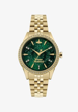 Goldfarbene Armbanduhr mit grünem strukturiertem Zifferblatt, Kristallakzenten und einem goldenen Gliederarmband. Verfügt über kräftige Stundenmarkierungen und Zeiger.