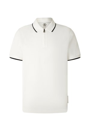 Witte polo met korte mouwen en zwarte bies op de kraag en mouwen, met een ritssluiting aan de voorkant en een klein logo aan de ritstreker.