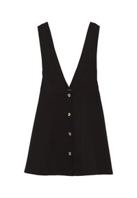 Robe noire sans manches avec un décolleté en V profond, fermeture à boutons sur le devant et un corsage ajusté. Fabriquée en tissu lisse sans motifs visibles.