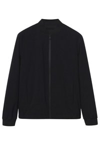 Veste bombers noire en tissu léger. Dotée d'une fermeture éclair complète à l'avant, d'un col et de poignets côtelés, ainsi que de poches latérales. Texture lisse.