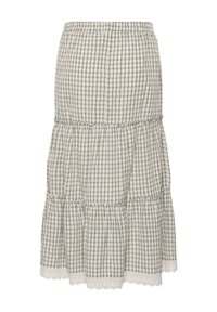 Jupe mi-longue à volants avec taille élastique, motif à carreaux beige et gris, et bordure en dentelle blanche à festons à l'ourlet.