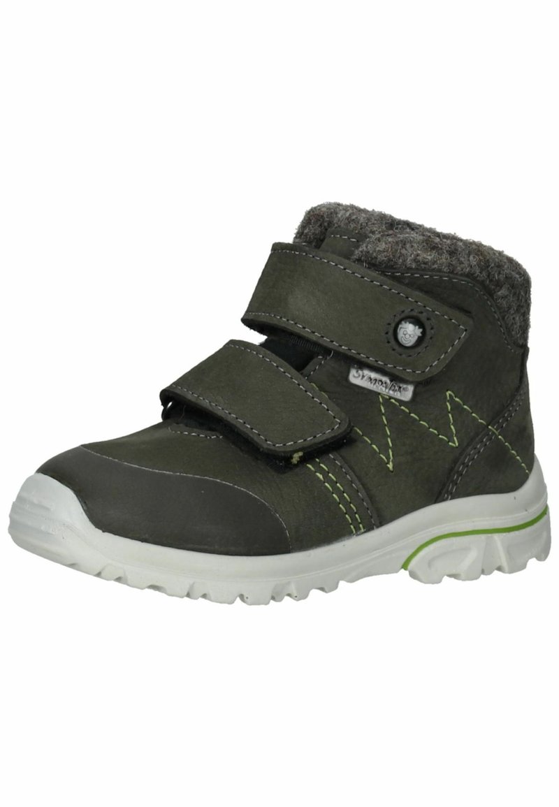 Zapatilla alta verde y gris con correas de Velcro, forro de tejido texturizado, suela blanca y acentos verdes en la suela exterior. Detalles de costura notables.