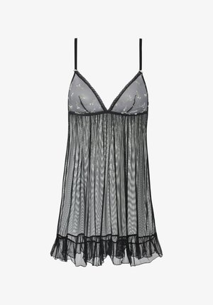 Black mesh nightgown with adjustable straps, featuring a gray floral pattern on the bodice, a layered ruffled hem, and lace trim.